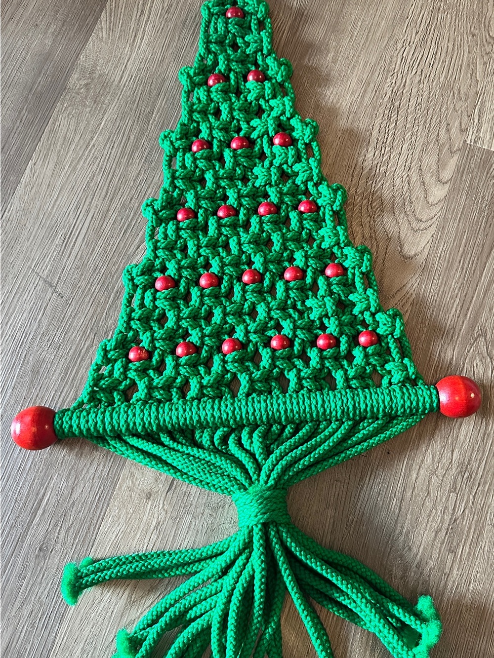 Vtg Lg Macrame Christmas Tree Wall Hanging MCM Green With Red Beads 27" Handmade